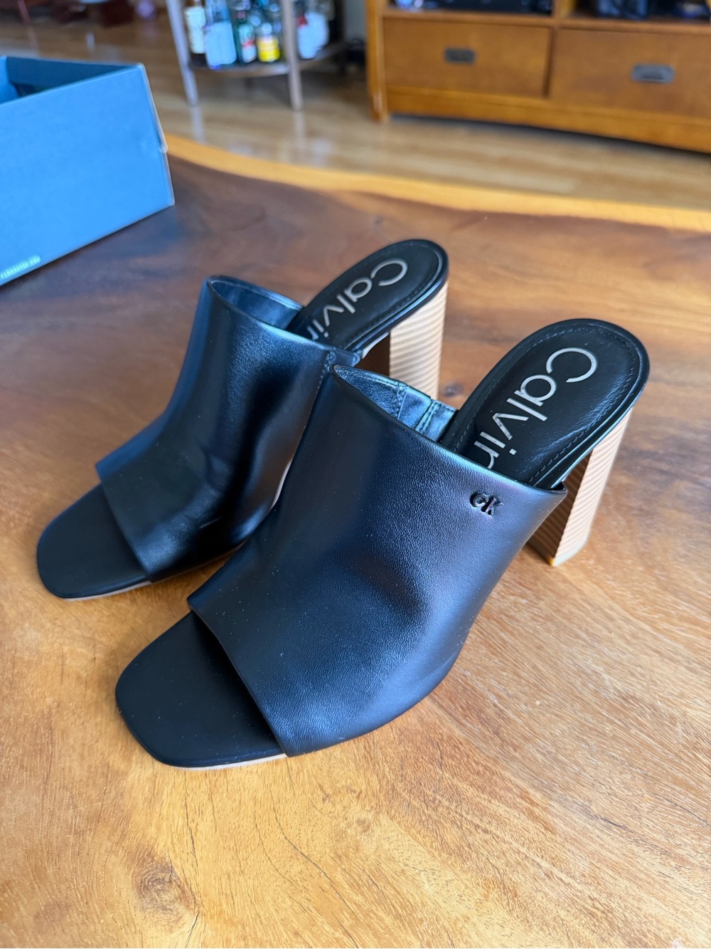 Calvin Klein Black Leather Open-Toe Block Heel Mules - Picture 2 of 14